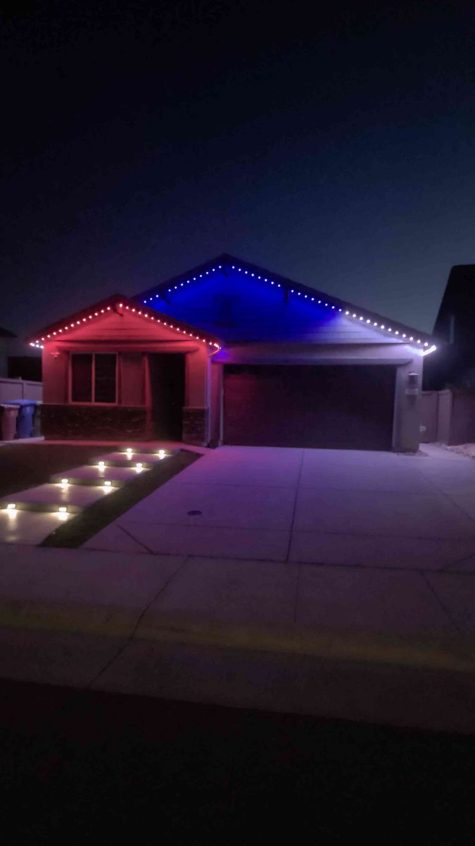 Home with red, white and blue color-changing lighting